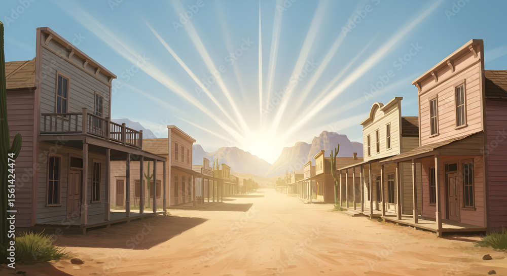 Fototapeta premium WildWest Frontier Town Sunset Dusty Road OldWest Buildings