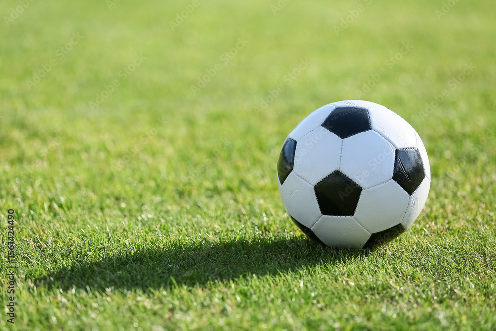 Fototapeta premium Soccer ball on green grass, closeup