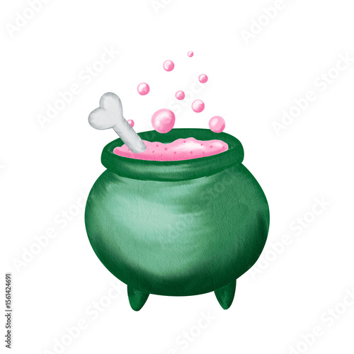 Watercolor illustration of Bubbling cauldron of potion. Perfect for spooky Halloween clipart, witches brews, and magical sticker sets