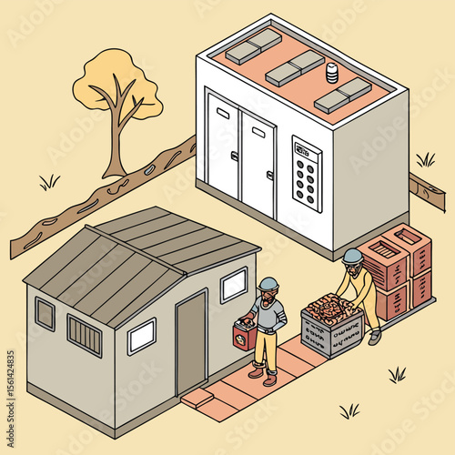 Isometric view of workers near a portable building with solar panels and a red door on a light background