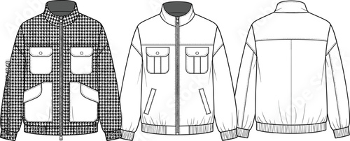 Stylish Houndstooth Pattern Bomber Jacket and Outline Technical Fashion Sketch for Apparel Design, Front and Back Views, Modern Casual Outerwear Collection, Streetwear Style, Vector Illustration, Clot