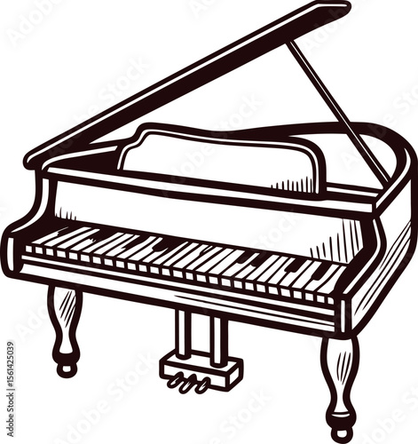 Classic grand piano sketch with open lid and detailed legs in vintage hand drawn illustration