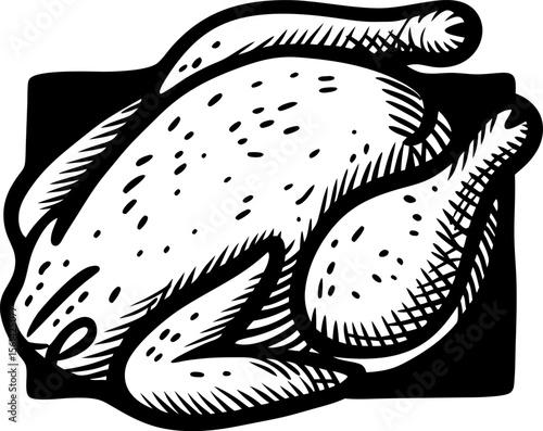 Hand drawn whole raw chicken isolated on white background vintage meat illustration with bold engraved