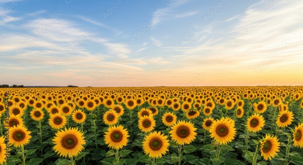 Fototapeta premium A summer sunflower field with beautiful golden sunflowers and morning mist,黄金のひまわりと朝霧が美しい夏のひまわり畑