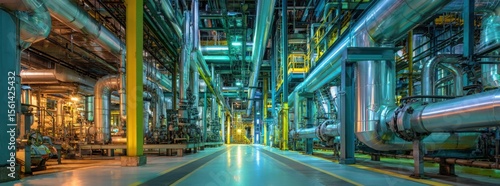 In the interior of an industrial plant, there are pipes and instruments, a light blue steel structure, light gold and silver accents.