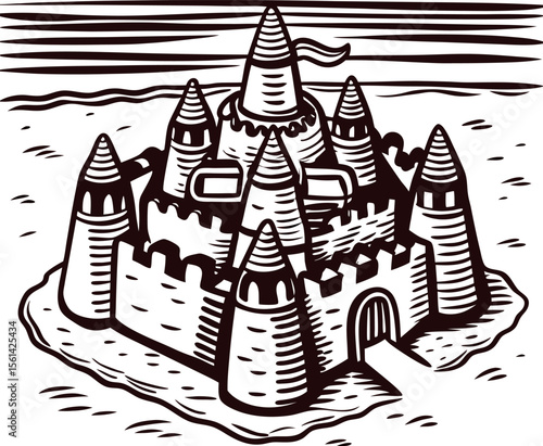 Intricately carved sandcastle on beach with towers, walls, flag and ocean waves illustrated in vintage woodcut