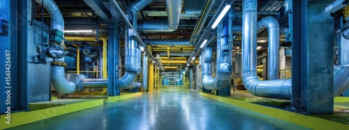 In the interior of an industrial plant, there are pipes and instruments, a light blue steel structure, light gold and silver accents.
