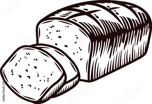 Rustic hand drawn loaf of sliced bread with crusty texture and two cut pieces, vintage black ink illustration