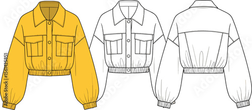 Women's Cropped Bomber Jacket Technical Fashion Drawing with Shirt Collar, Flap Pockets, Elasticated Hem, Balloon Sleeves, Front and Back View CAD Illustration Template.