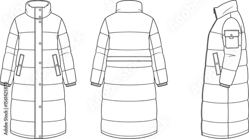 Women's Long Puffer Coat Technical Fashion Drawing with Stand Collar, Front Snap Closure, Welt Pockets, Side Patch Pocket, and Ribbed Cuffs, Front, Back, Side View CAD.