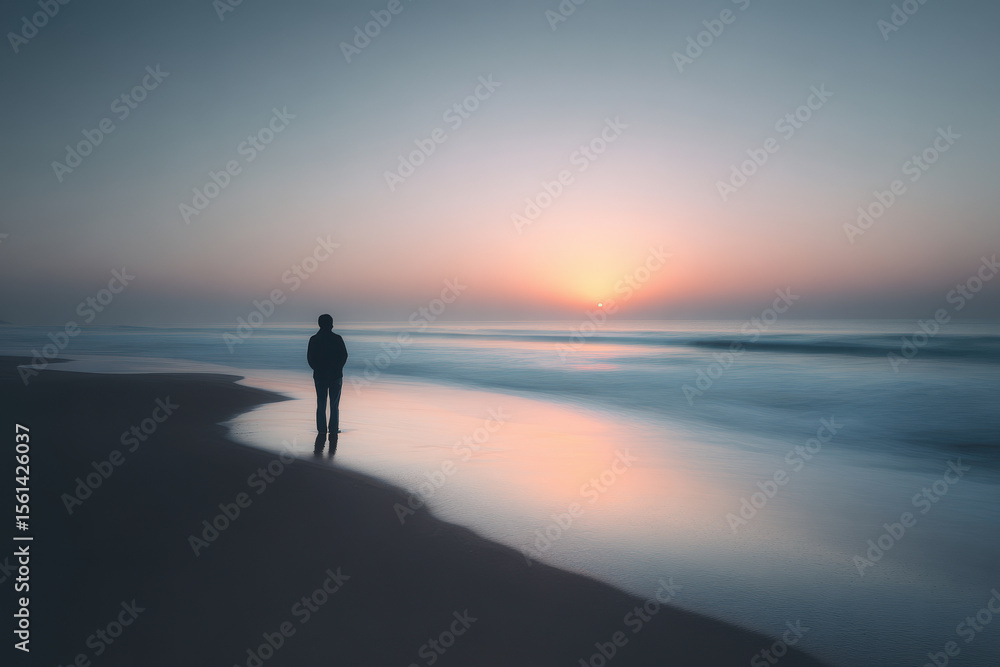 solitary figure standing on empty beach during sunset embodying unity and peace solitary figure standing on empty beach during sunset embodying unity and peace