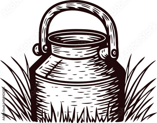 Vintage metal milk can with handle in grass rustic hand drawn black and white farmhouse illustration