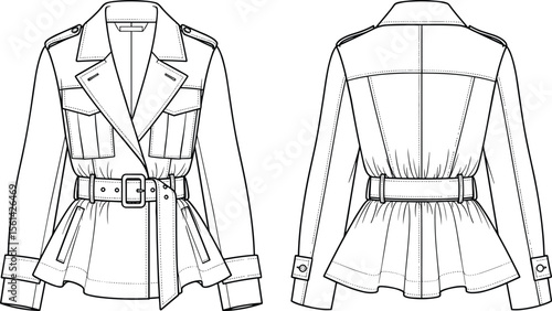 Women's Utility Peplum Jacket Technical Fashion Drawing with Notched Collar, Flap Pockets, Belted Waist, Epaulets, and Button Cuffs, Front and Back View CAD Illustration Template.