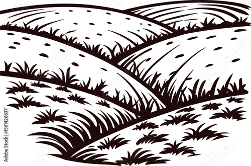 Hand drawn rolling farmland fields and meadows landscape with grass and hills illustration