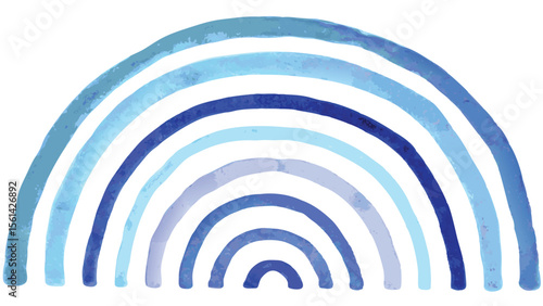 Watercolor rainbow with seven curved bands in shades of blue and lavender on a white background