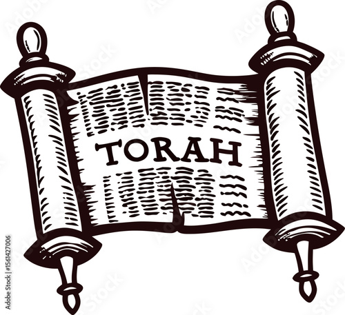 Hand drawn ancient torah scroll illustration with decorative wooden handles and hebrew script details