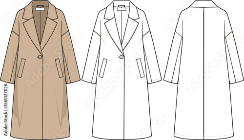 Women's Single-Breasted Oversized Coat Technical Fashion Drawing with Notched Lapels, Front Welt Pockets, Drop Shoulders, and Back View, CAD Illustration Template.