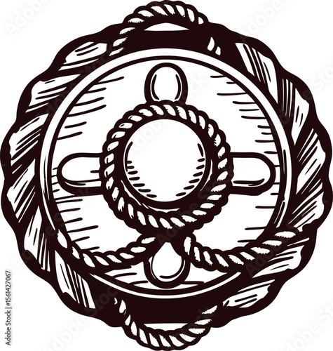 Hand drawn vintage lifebuoy with rope and nautical details isolated on white background illustration