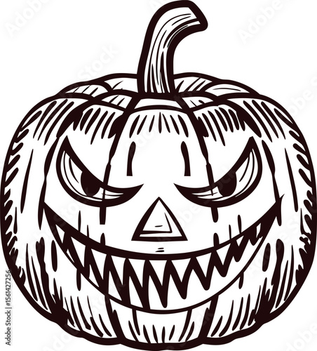 Hand drawn grinning pumpkin with sharp teeth and carved eyes vintage ink illustration of scary halloween jack o lantern