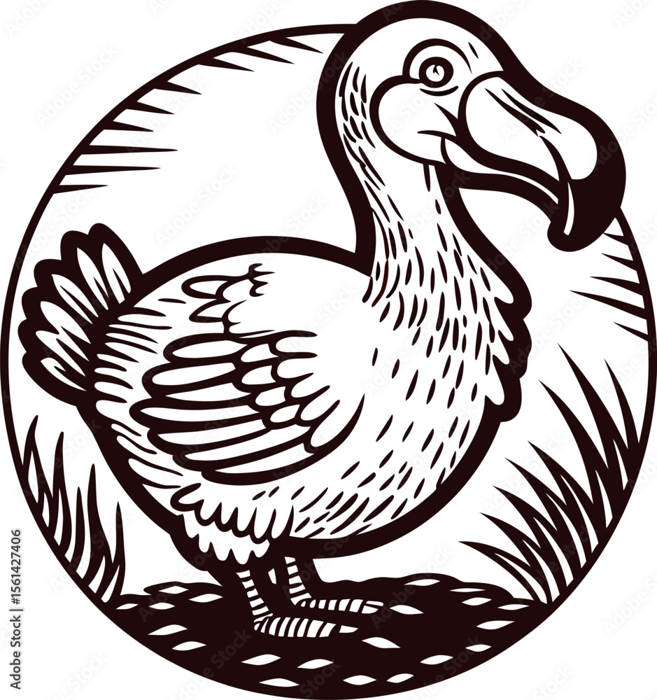 Fototapeta premium Hand drawn vintage dodo bird sketch in circular frame with grass extinct animal illustration in engraving