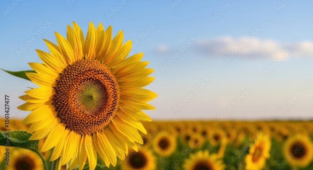 Obraz premium Close-up photo of sunflower fields and blue sky,ひまわり畑と青空のクローズアップ写真