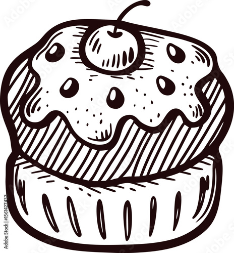 Hand drawn cupcake with cherry on top and icing, isolated sketch dessert illustration
