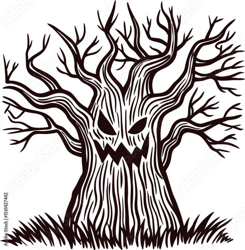 Spooky twisted haunted tree with menacing carved face and bare branches for halloween decoration illustration