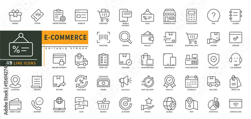 Minimalist E-Commerce line icons set with editable stroke. Featuring target, cupon, order process, tracking, return, cash back, online shop, support, sale, mobile payment. thin linear illustration.