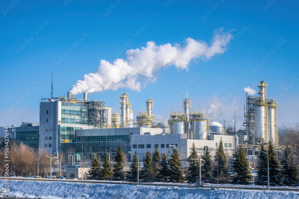 Obraz premium A large chemical plant with smoke coming out of the chimneys, against a blue sky. The industrial building has white tanks and pipes for the production of translucent and shiny materials.
