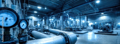 a large industrial facility with massive metal pipes, illuminated in blue lighting, emphasizing engineering and technology.