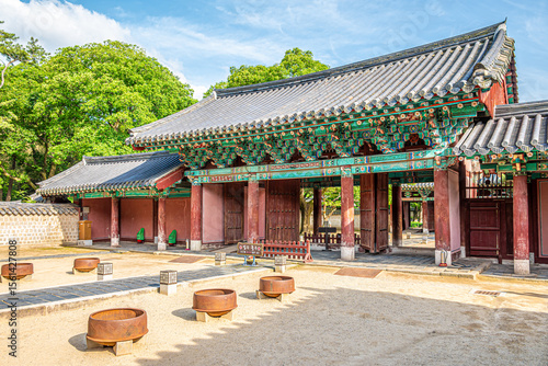 View at the Gyeonggijeon Shrine complex in the streets of Jeonju Hanok Village in South Korea