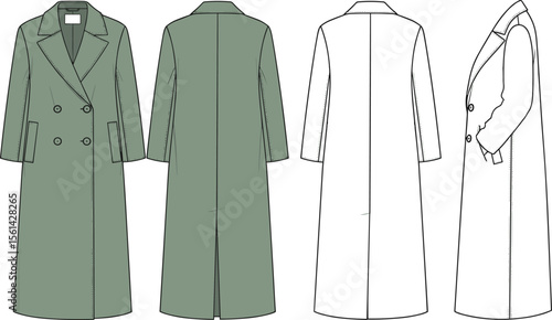 Women's Long Double-Breasted Trench Coat Technical Fashion Drawing with Notched Lapels, Front Pockets, Back Slit, and Side View, CAD Illustration Template.