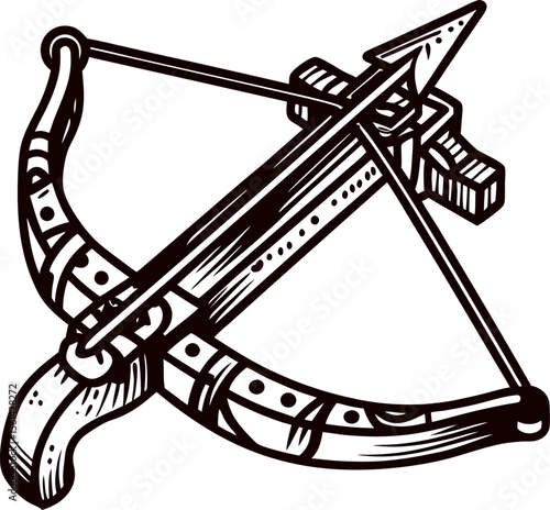 Hand drawn medieval crossbow with arrow isolated on white vintage engraved hunting weapon illustration