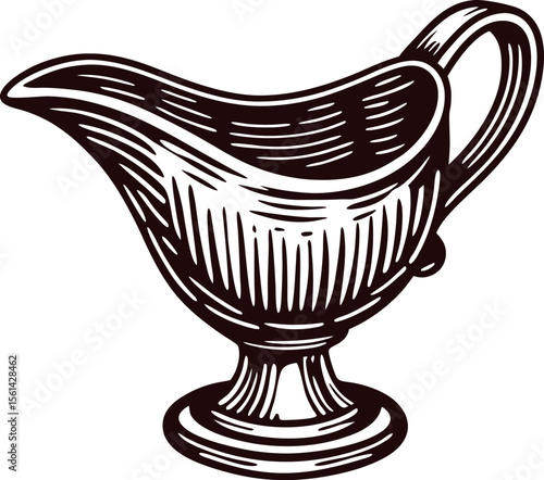 Vintage engraved gravy boat illustration with handle and spout on white background