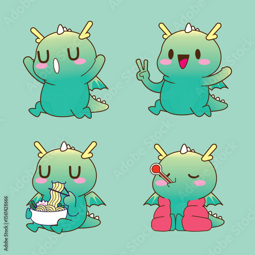 Four dragon cartoons joyful peaceful eating and sick
