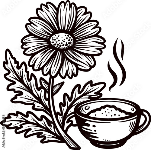 Hand drawn chamomile flower with steaming herbal tea cup illustration in vintage engraved
