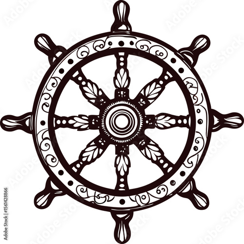Vintage engraved ship wheel isolated on white nautical helm illustration with ornate details and wood texture