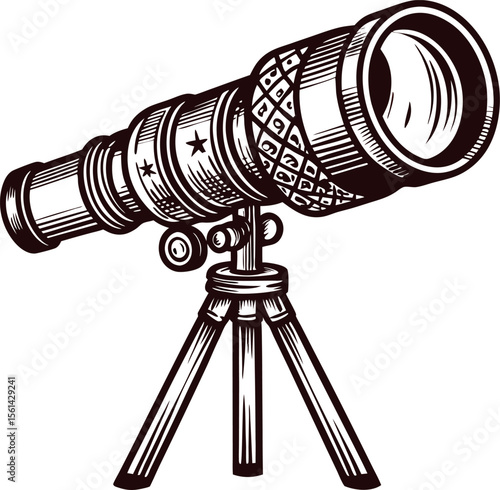 Hand drawn vintage telescope on tripod with engraved decorative details isolated on white background