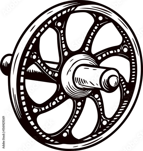 Hand drawn vintage wooden wagon wheel isolated detailed black and white engraved illustration with classic spoke design