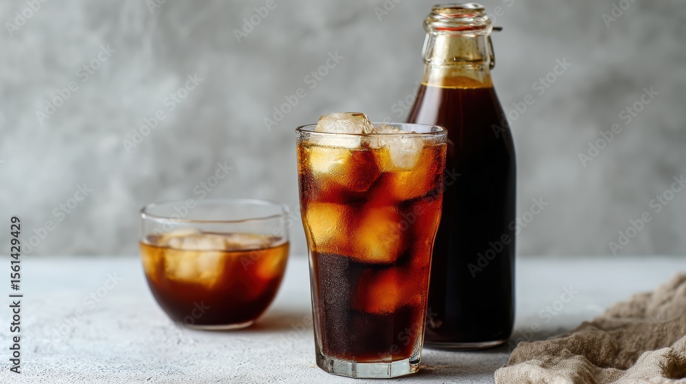 Refreshing iced coffee served in a glass with ice cubes, perfect for a hot summer day. Refreshing iced coffee served in a glass with ice cubes, perfect for a hot summer day.