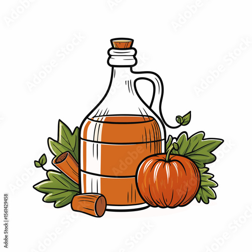 Apple Cider Jug with Pumpkin and Cinnamon Sticks for Autumnal Recipes, Fall Decor, Seasonal Celebrations, and Harvest-Themed Blogs  