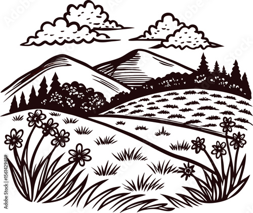Detailed engraved nature landscape with flowers, mountains, fields, clouds, and trees in black and white illustration