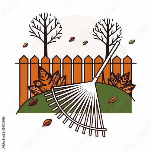 Garden Rake Surrounded by Autumn Leaves and Trees for Fall Gardening Blogs, Seasonal Content, Outdoor Lifestyle Articles, and Home Improvement Websites  