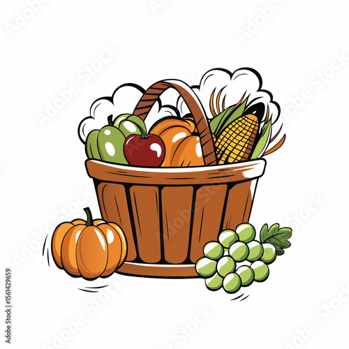 Harvest Basket Filled with Autumn Fruits and Vegetables for Seasonal Blogs, Fall Recipes, Harvest Festivals, and Thanksgiving Celebrations  
