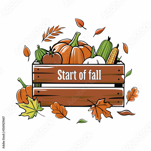 Harvest Crate Filled with Autumn Vegetables and Leaves for Fall Seasonal Decor, Thanksgiving Blogs, Recipe Websites, and Harvest Celebrations  