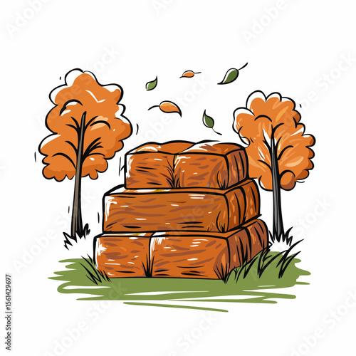 Hay Bales Signifying the Start of Fall with Autumn Leaves in a Warm Landscape for Seasonal Blogs, Harvest Education, Fall Decor, and Nature Awareness  