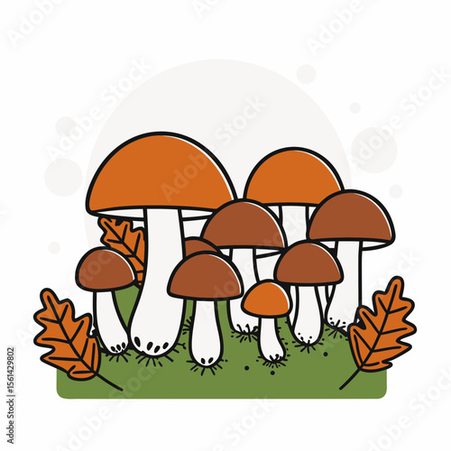 Cluster of Autumn Mushrooms with Orange Caps on Green Grass for Fall-Themed Blogs, Nature Awareness, Seasonal Decor, and Educational Content  