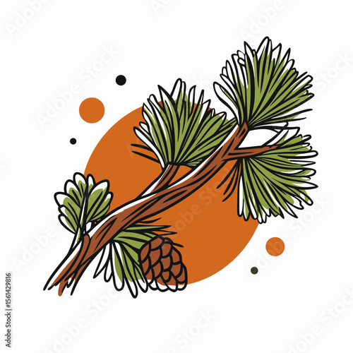 Pine Branch with Cones and Green Needles Illustrating the Start of Fall for Autumn Equinox Blogs, Seasonal Decor Websites, Nature Awareness Articles, and Graphic Design Projects  