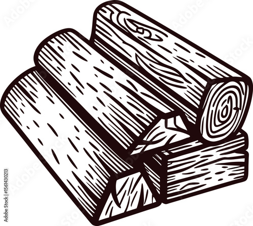 Hand drawn firewood pile illustration with detailed wood logs and bark texture in vintage engraving