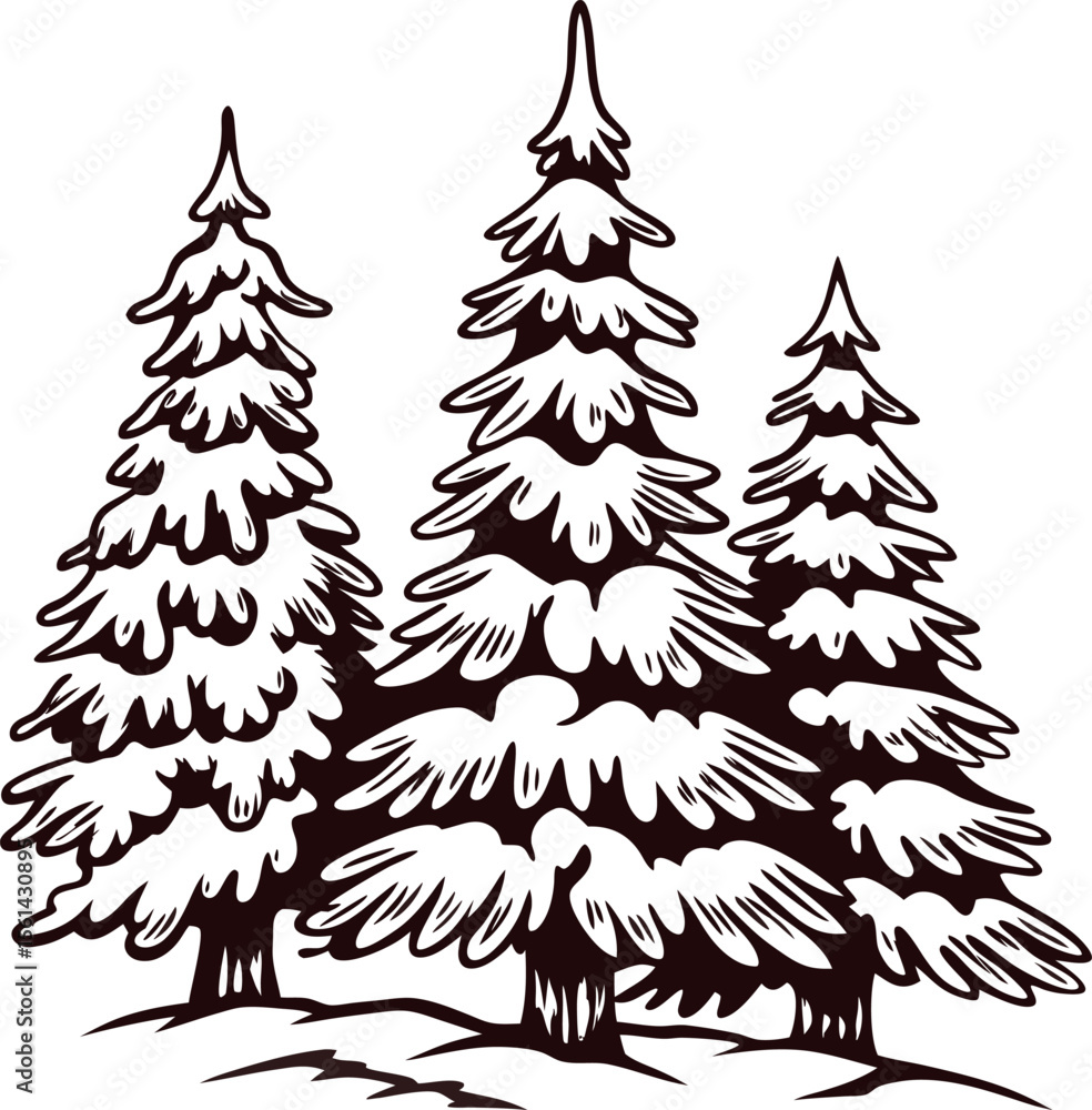 Obraz premium Vintage hand drawn illustration of snow covered pine trees in winter forest on white background